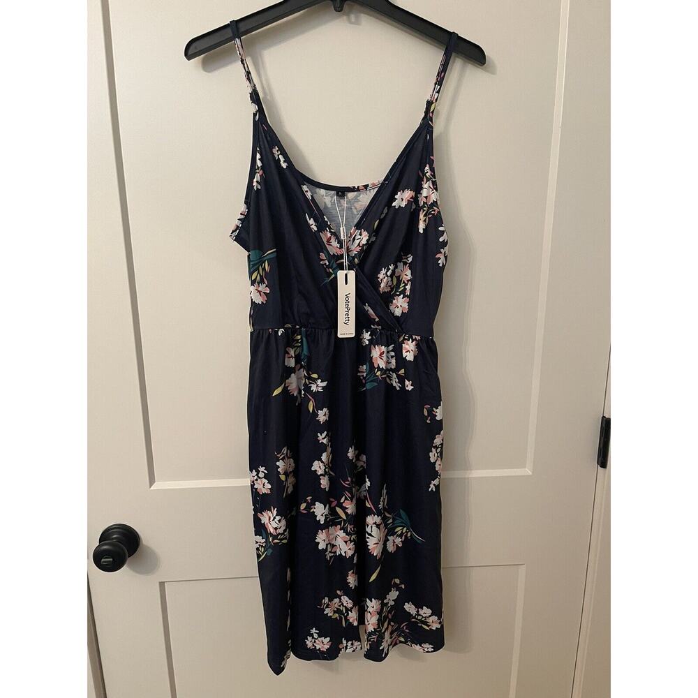 Womens Floral Sundress Tie Front Spaghetti Strap Dresses Pockets Votepretty SZ L